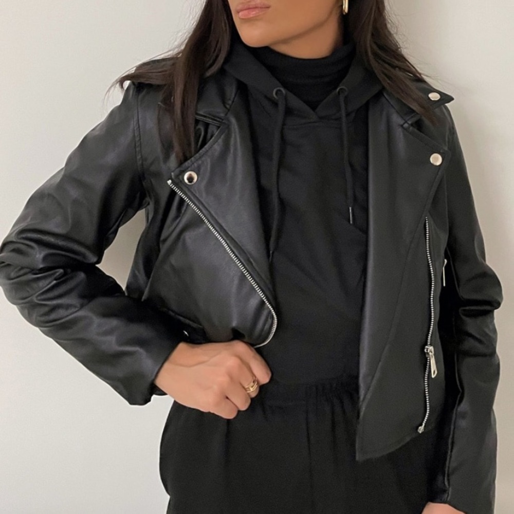 PU Black Biker Jacket With Zips